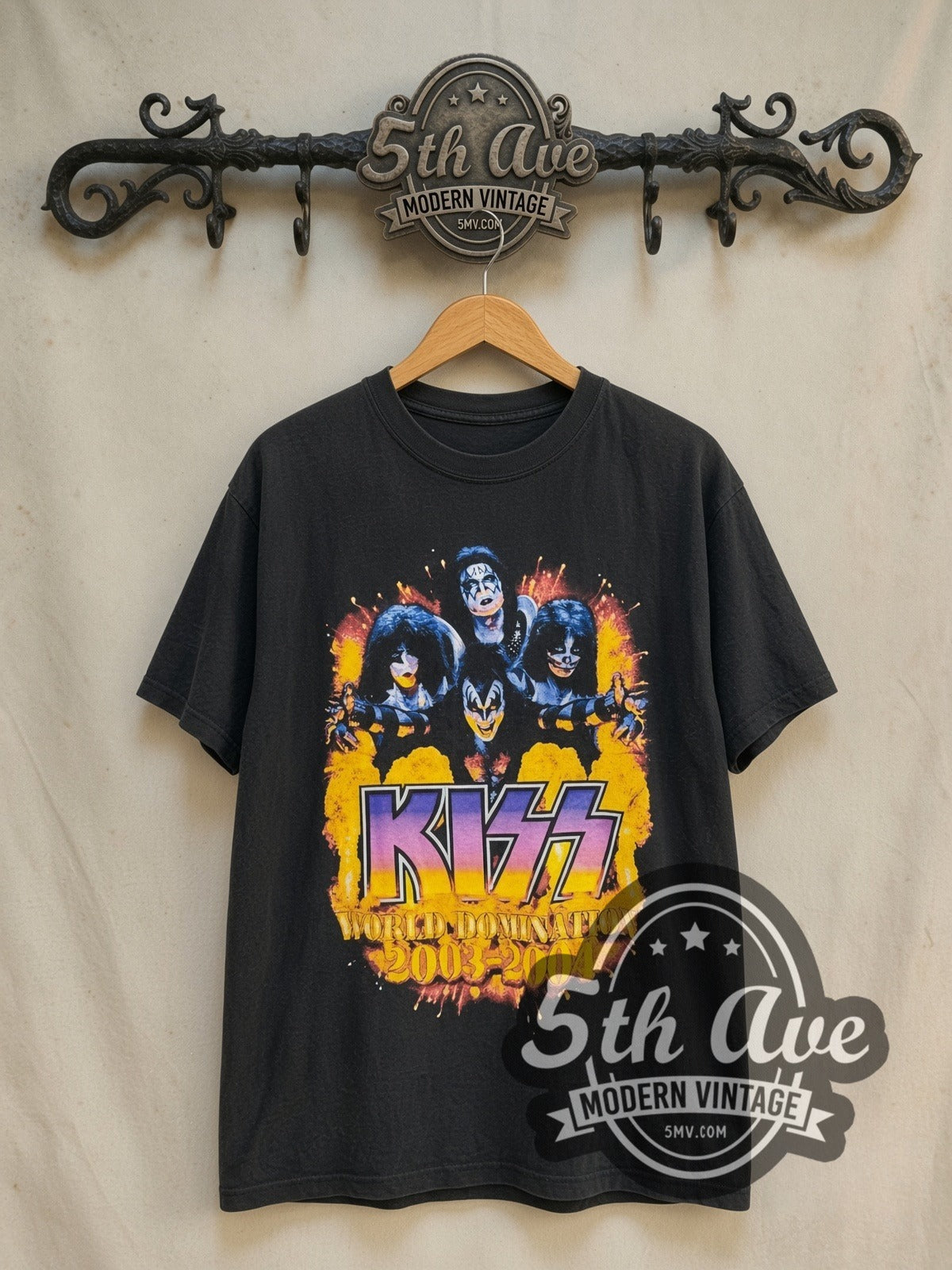 KISS World Domination 2003-2004 Tour \m/KIϟϟ\m/ vintage band t-shirt in black, front view on the 5MV rack