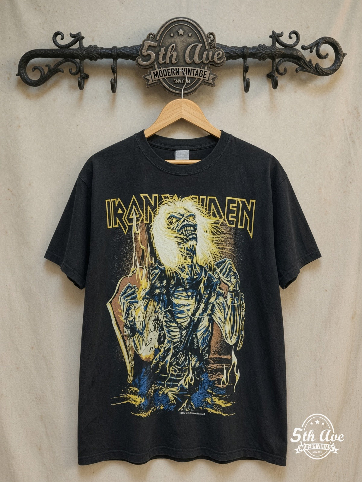 Iron Maiden – Chained Eddie RIP Tombstone – Vintage Band T-Shirt — front on locked cream ornate 5th Ave rack