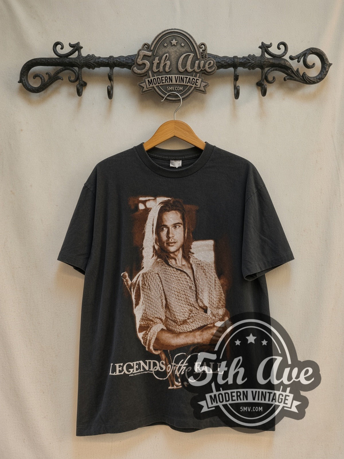 Legends of the Fall Tristan vintage graphic t-shirt, front view on a display rack