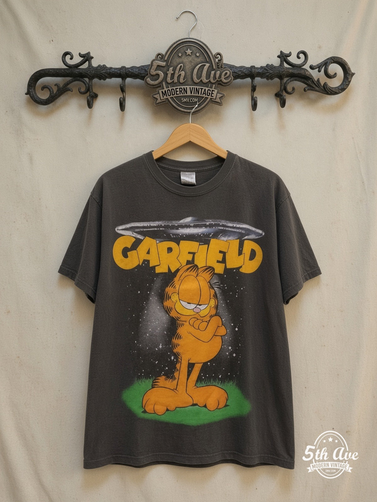 Garfield Aliens Single Stitch t shirt — front on locked cream ornate 5th Ave rack