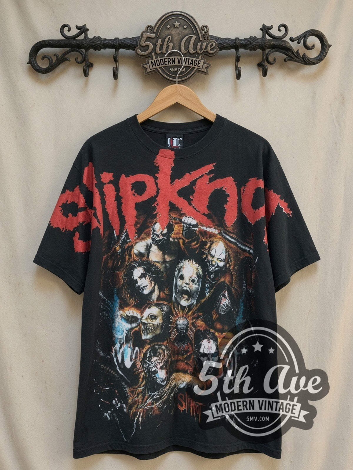Slipknot Nine Mask Fiery Group Collage vintage band t-shirt, front view on a display rack