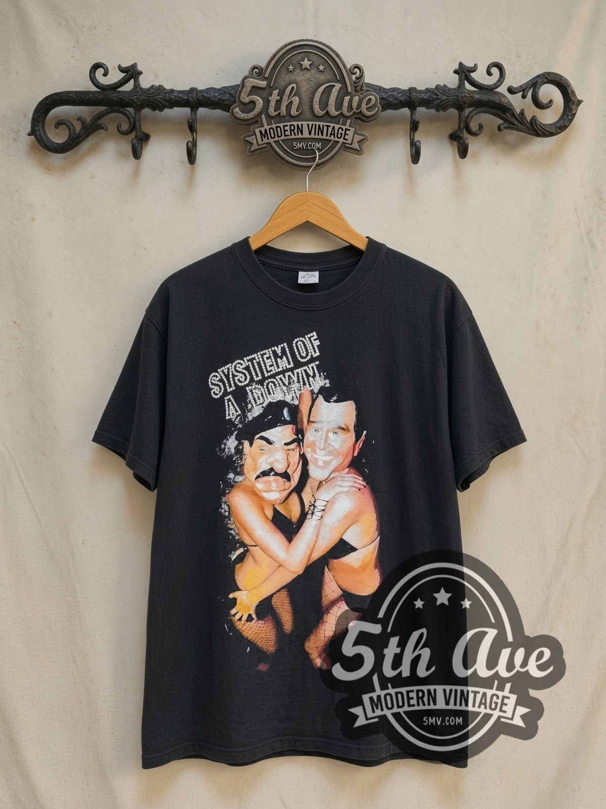 System of a Down Bush and Saddam Party vintage band t-shirt in black, front view on a display rack