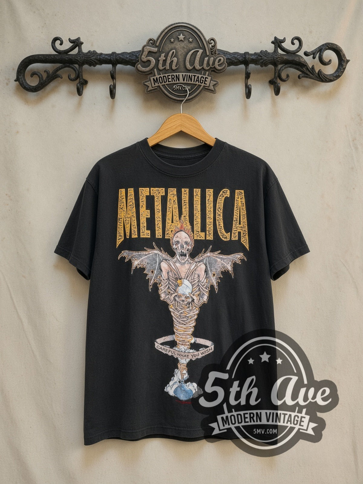 Metallica King Nothing Careful What You Wish Winged Skeleton vintage band t-shirt in black, front view on the 5MV rack