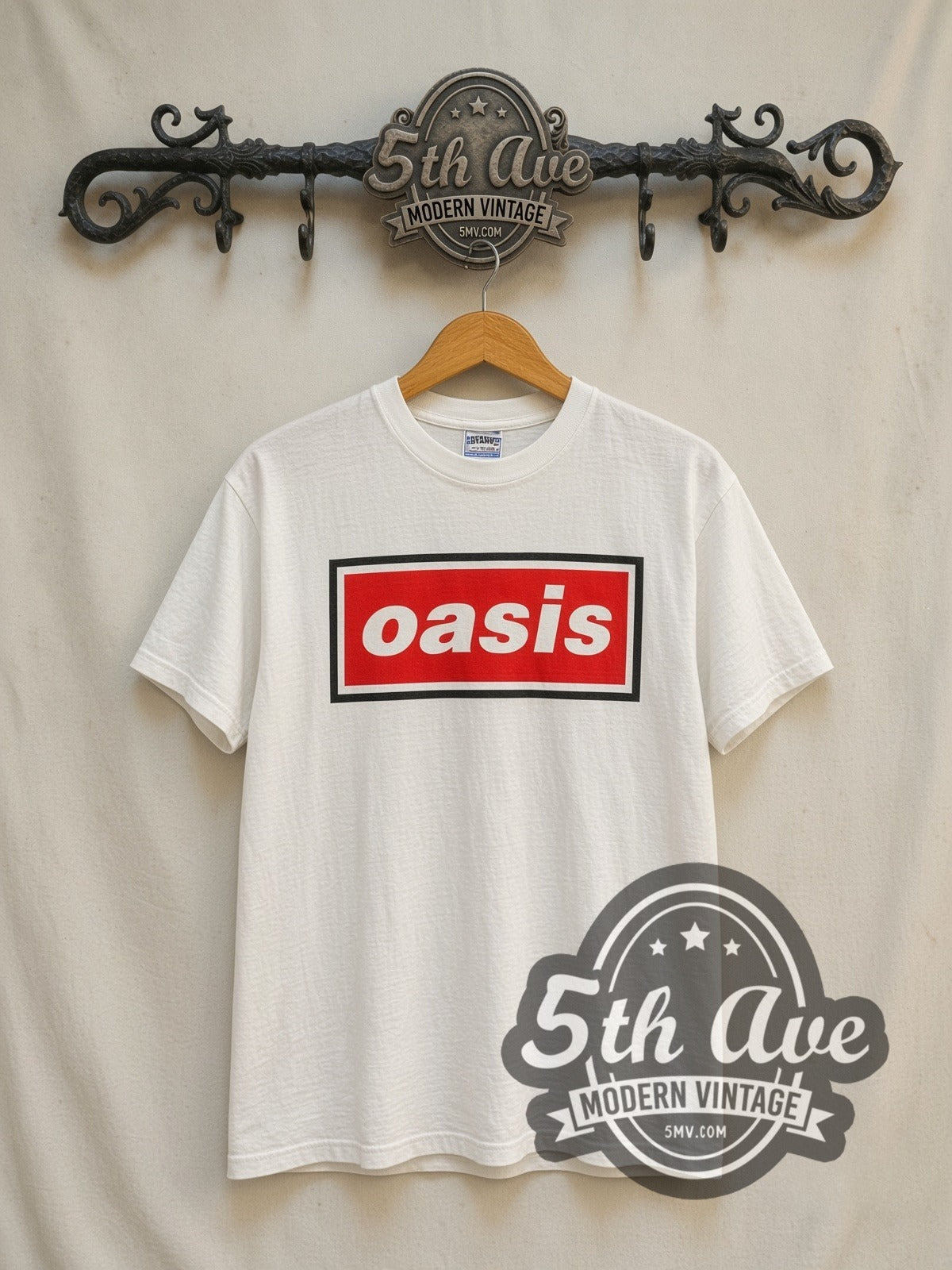 Oasis Red Song List vintage band t-shirt in white, front view on a display rack