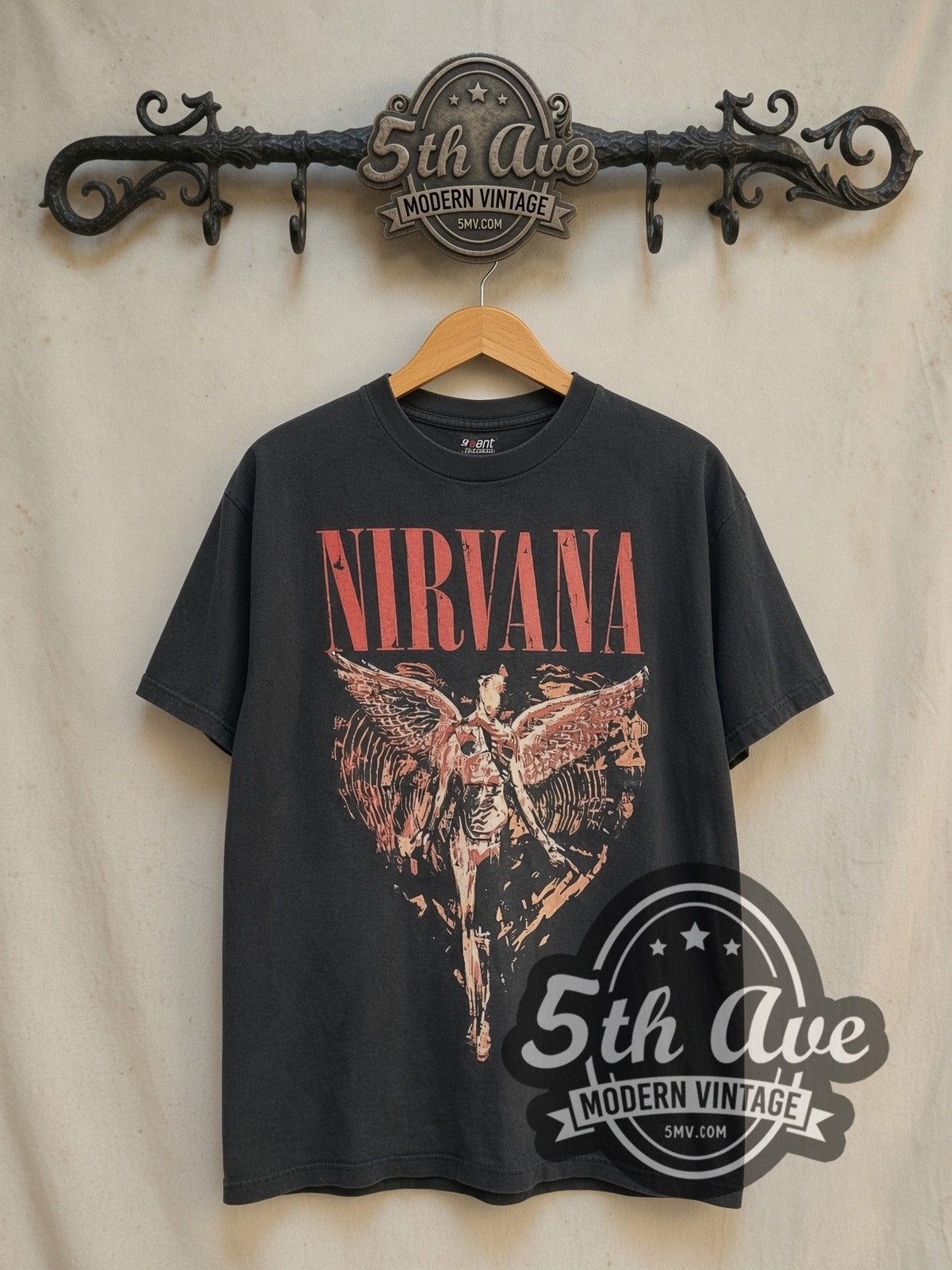 Nirvana In Utero Distressed Angel Yellow Back Print vintage band t-shirt in black, front view on the 5MV rack