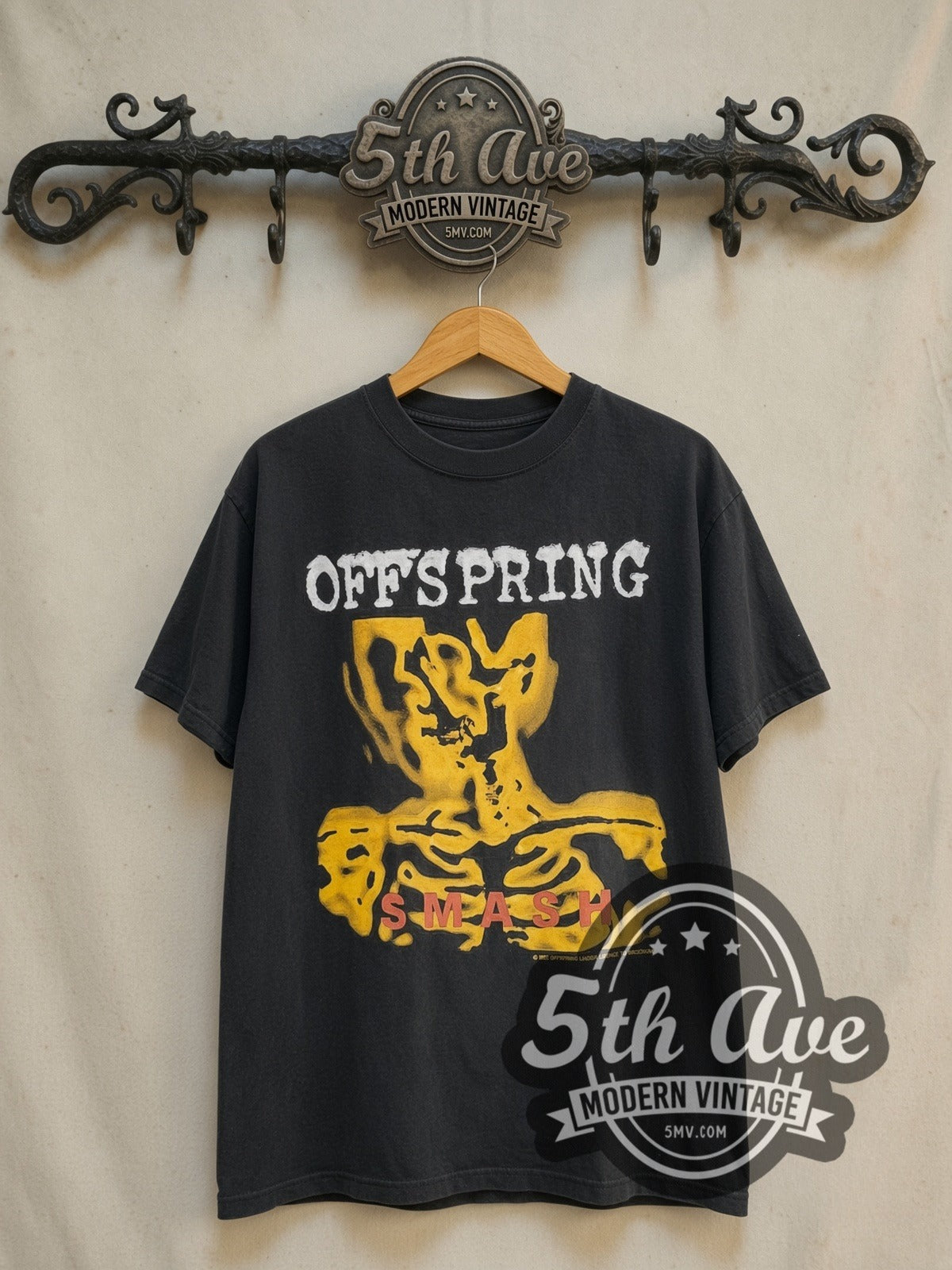 The Offspring Smash vintage band t-shirt in black, front view on a display rack