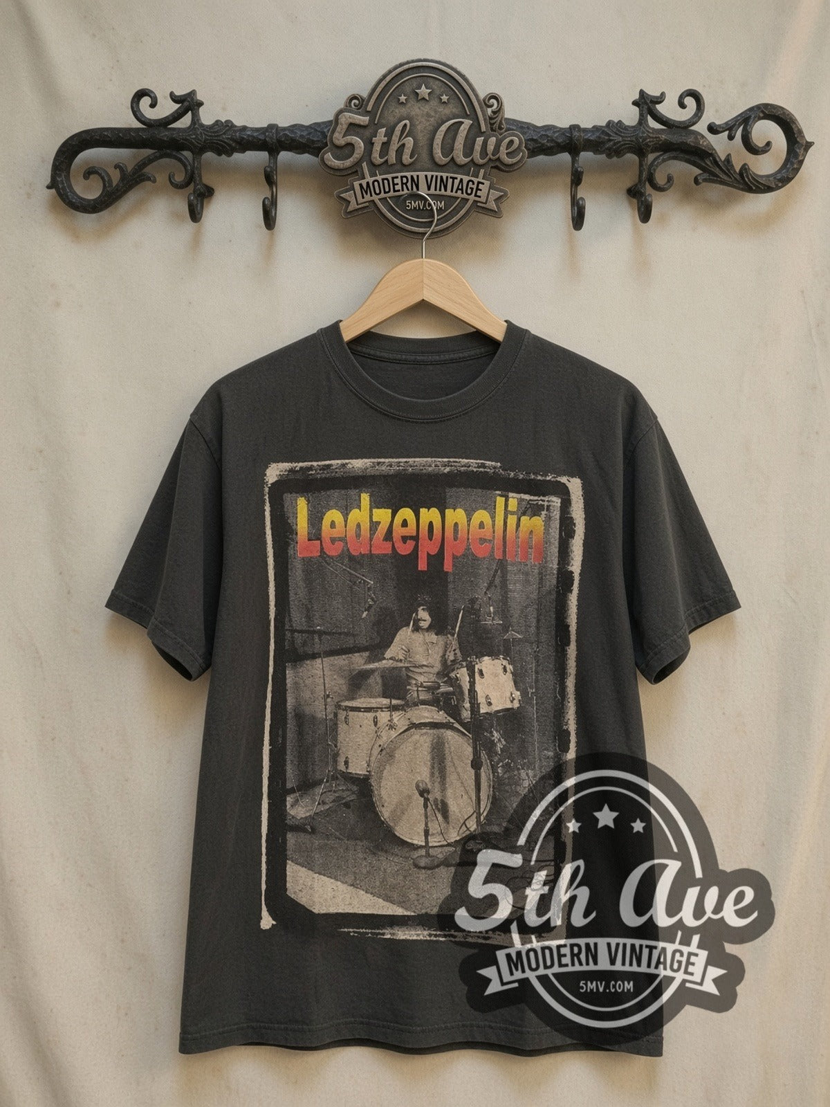 Led Zeppelin Original Drummer Tribute vintage band t-shirt, front view on the 5MV rack