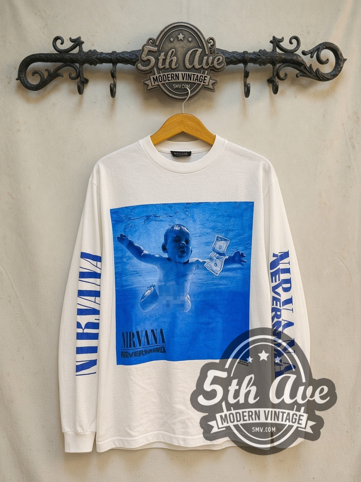 Nirvana Nevermind Baby Cover Tracklist Long Sleeve vintage band t-shirt in white, front view on the 5MV rack