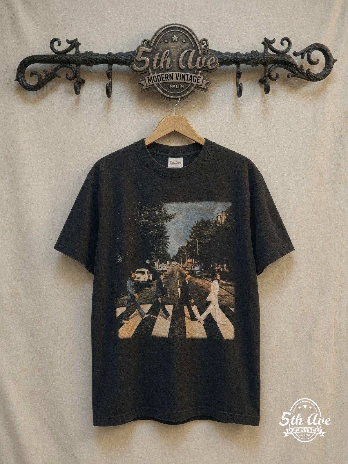 The Beatles – Abbey Road Crossing – Vintage Band T-Shirt — front on locked cream ornate 5th Ave rack