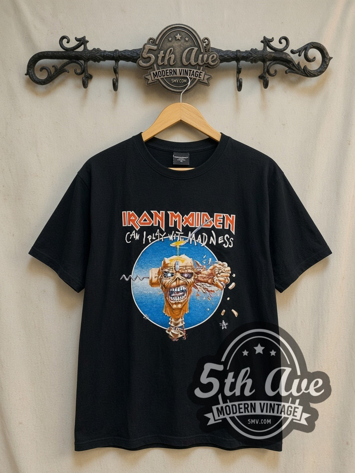 Iron Maiden Can I Play With Madness vintage band t-shirt, front view on the 5MV rack