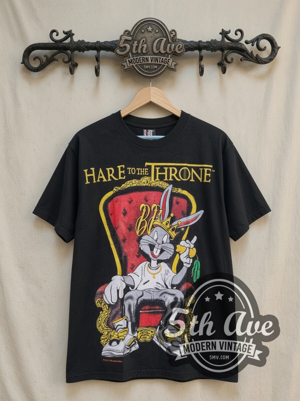 Bugs Bunny Hare Throne vintage cartoon tee, front view on a display rack