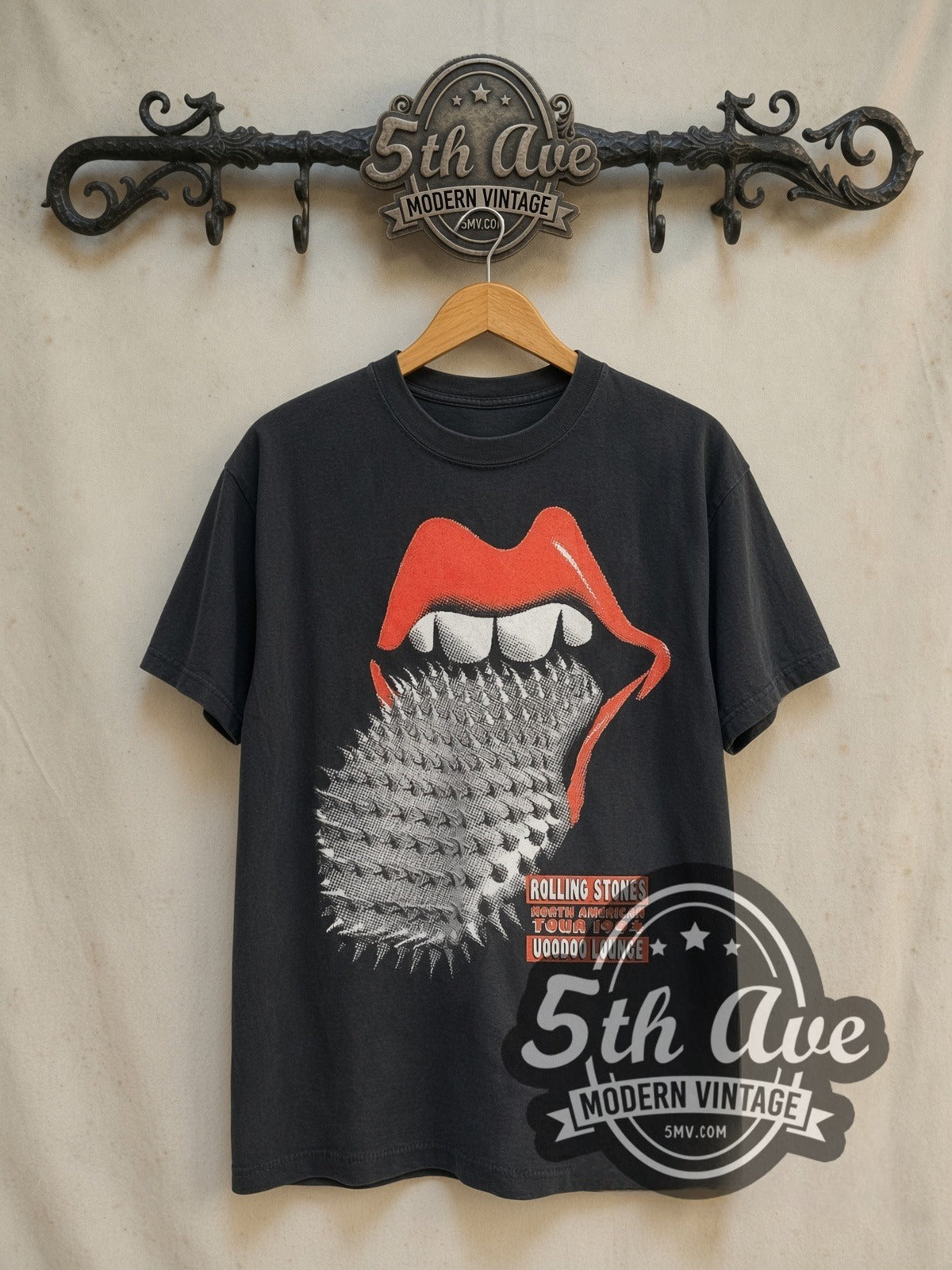 The Rolling Stones Voodoo Lounge North American Tour 1994 vintage band t-shirt in black, front view on the 5MV rack