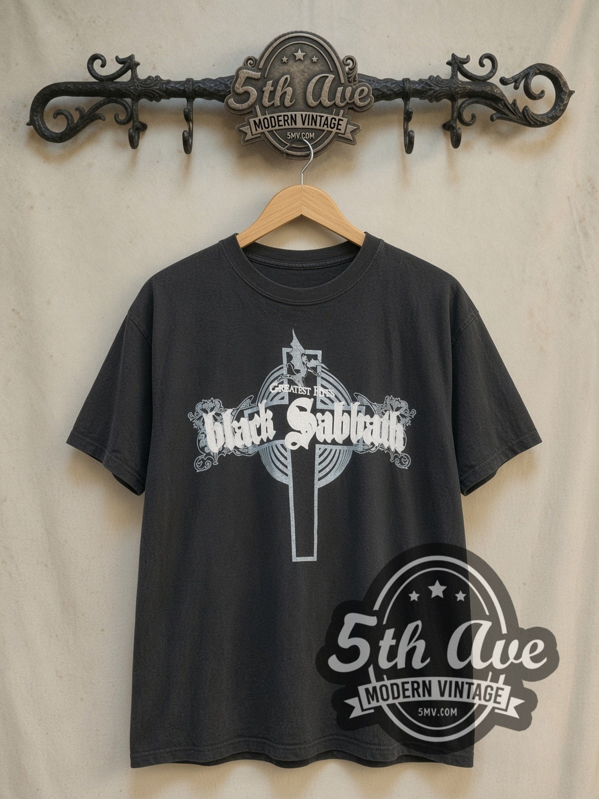 Black Sabbath Greatest Hits vintage band t-shirt, front view on the 5MV rack