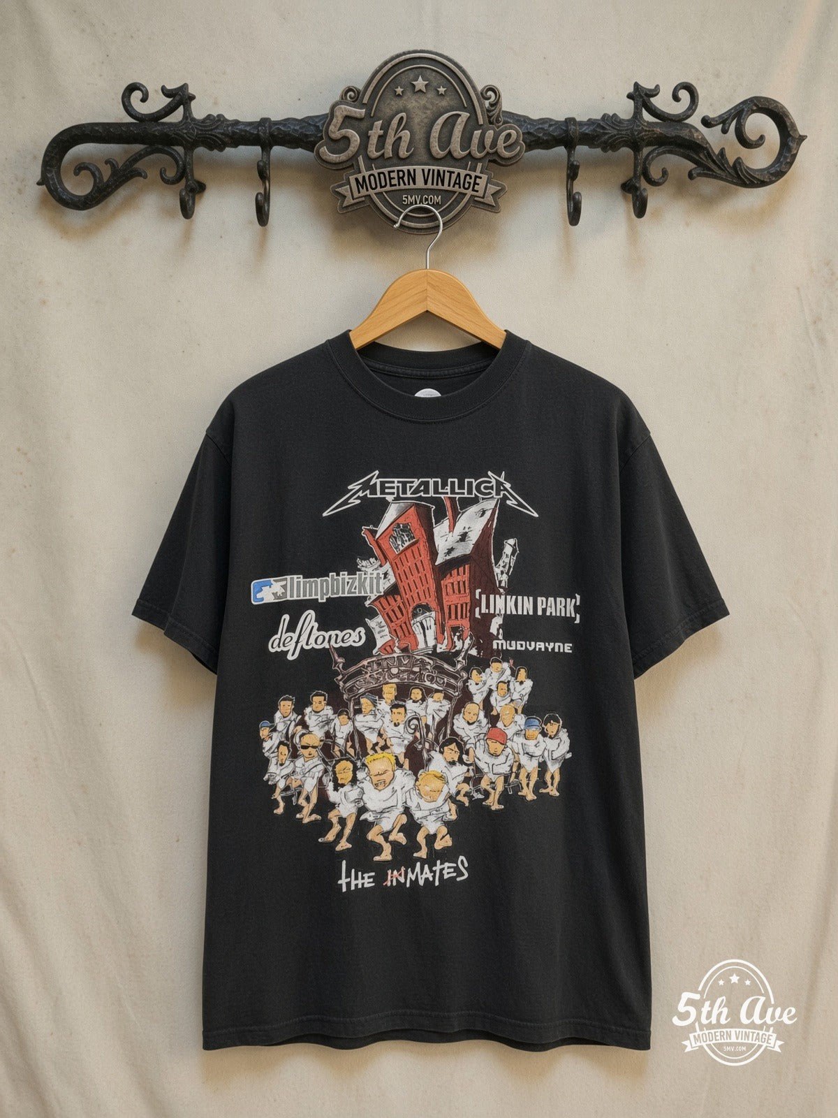 Metallica – Summer Sanitarium Tour 2003 – Vintage Band T-Shirt — front on locked cream ornate 5th Ave rack