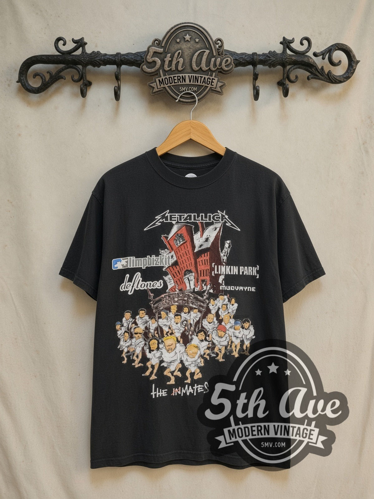 Metallica Summer Sanitarium Tour 2003 vintage band t-shirt in black, front view on a display rack