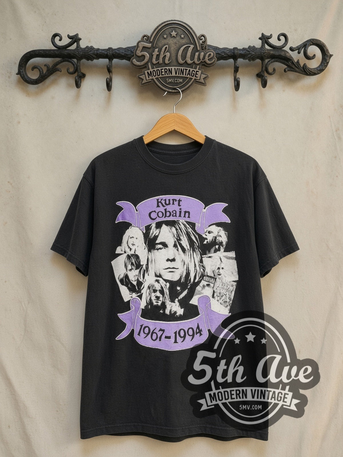 Nirvana Kurt Cobain 1967-1994 vintage band t-shirt in black, front view on the 5MV rack