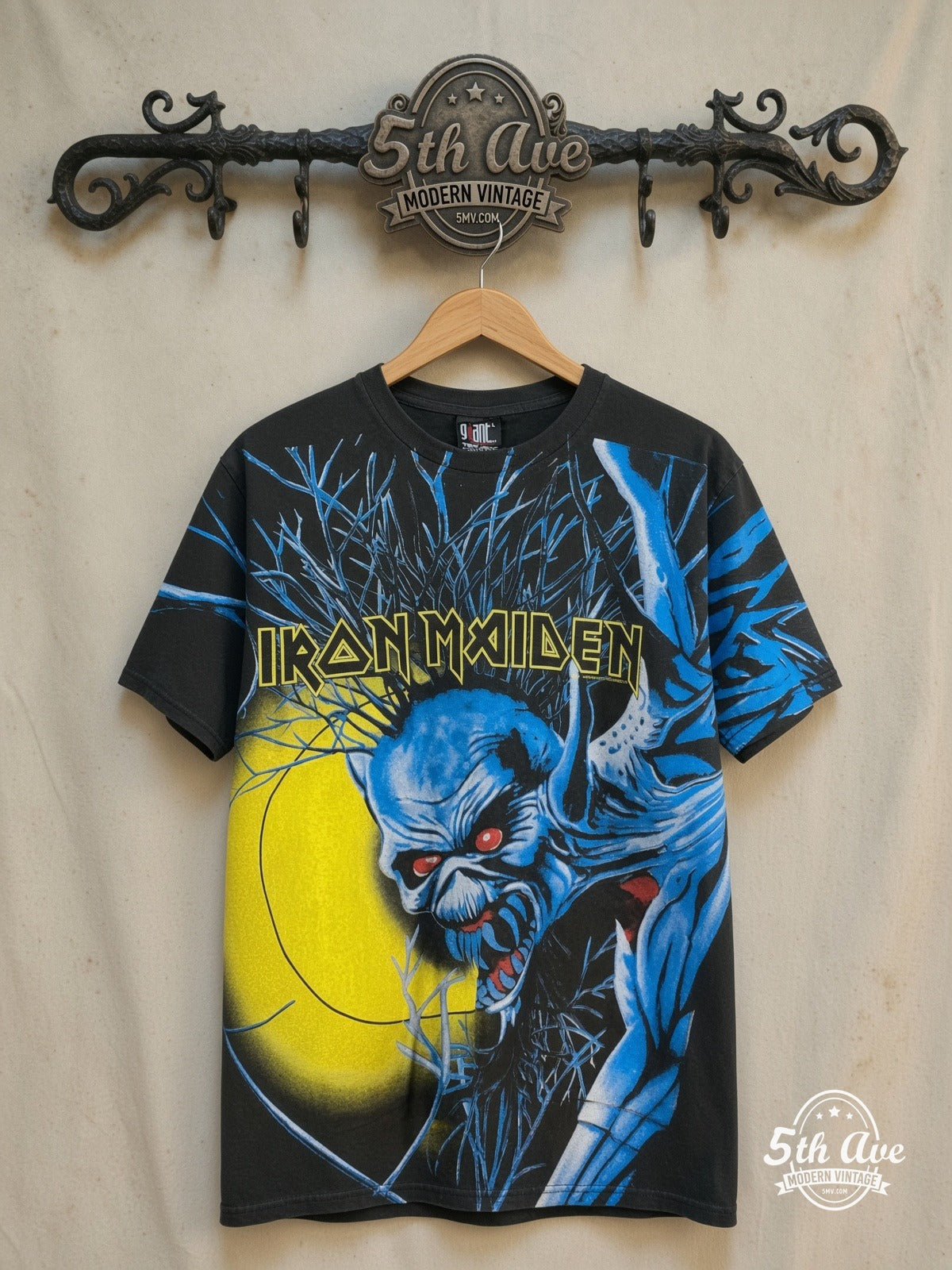 Iron Maiden – Fear of the Dark Eddie Portrait Moon All Over Print – Vintage Band T-Shirt — front on locked cream ornate 5th Ave rack