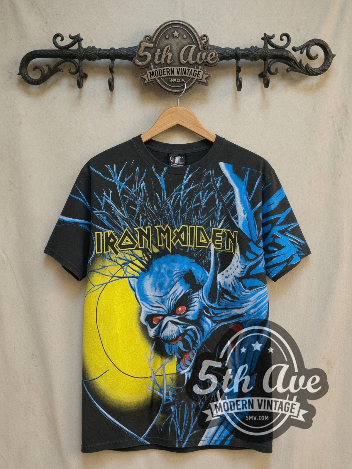 Iron Maiden Fear of the Dark Eddie Portrait Moon all-over-print vintage band t-shirt, front view on the 5MV rack