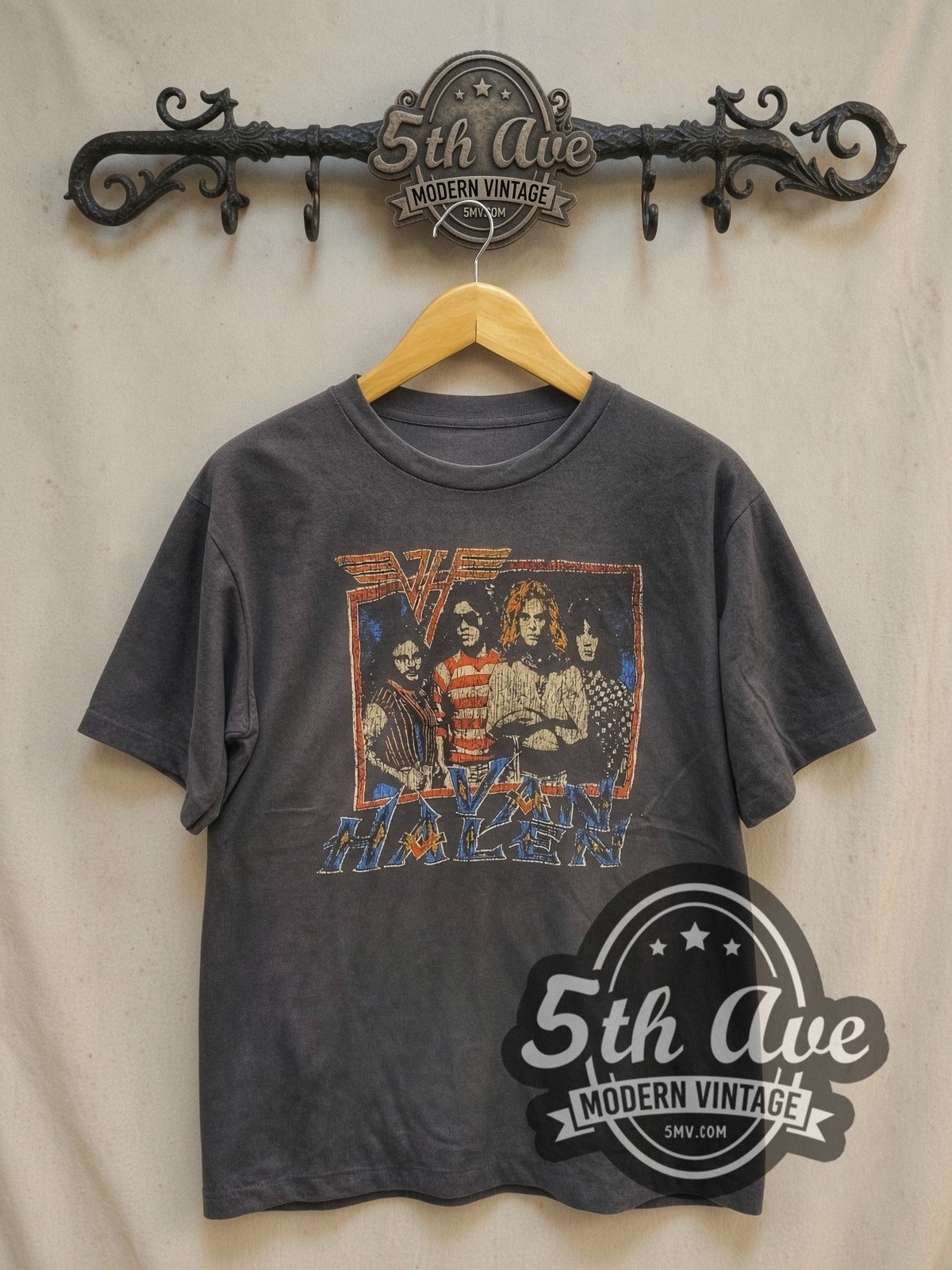 Van Halen Bulls Legends vintage band t-shirt, front view on a display rack