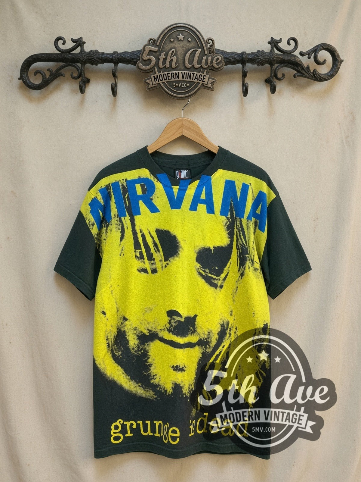 Nirvana Grunge Is Dead all-over-print vintage band t-shirt, front view on the 5MV rack