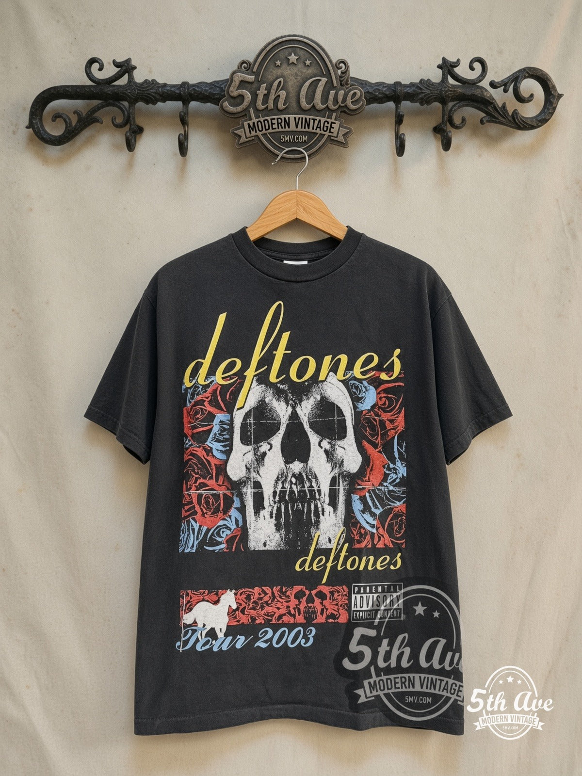 Deftones – Tour 2003 – Vintage Band T-Shirt — front on locked cream ornate 5th Ave rack