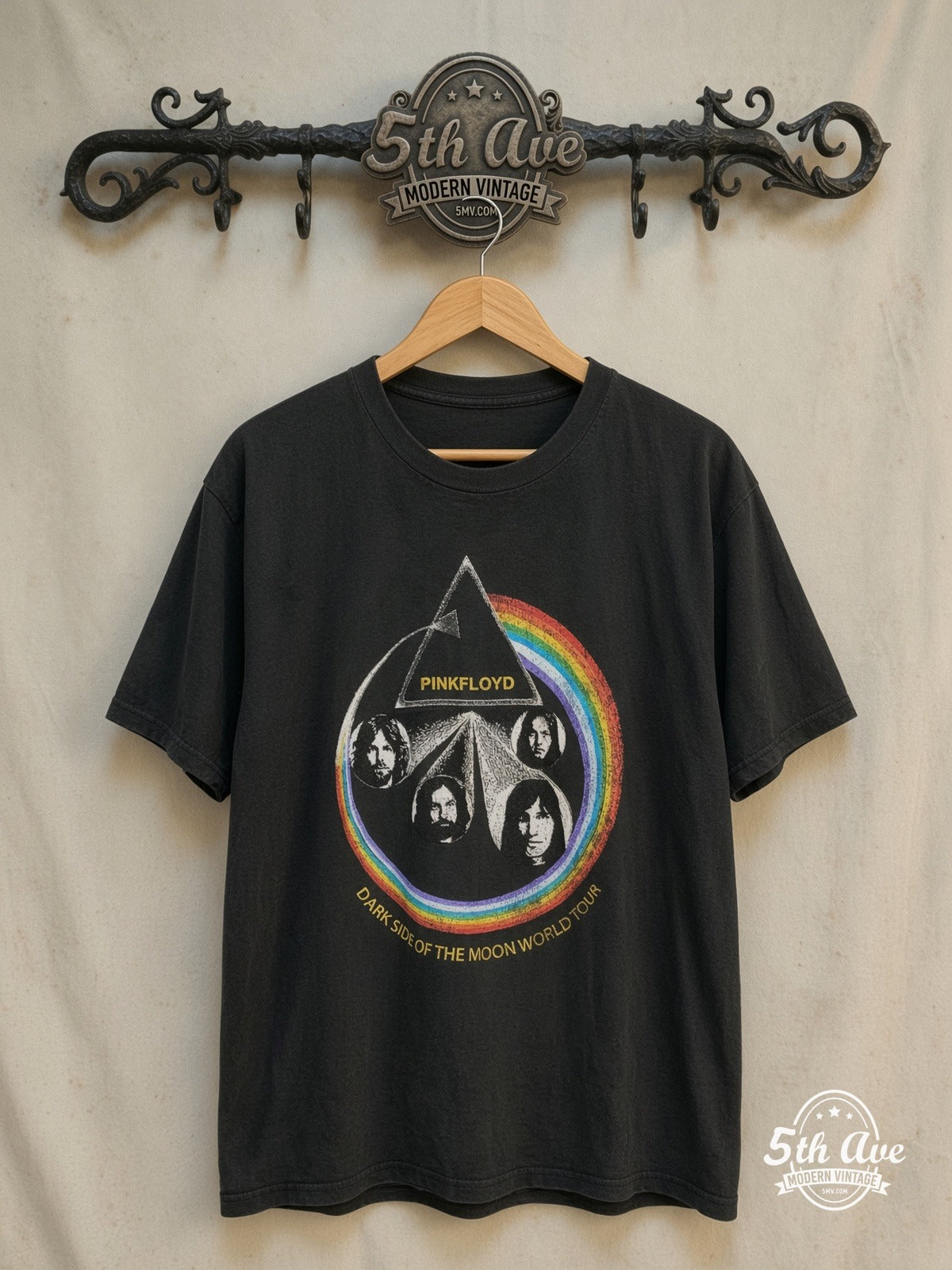 Pink Floyd – The Dark Side of the Moon World Tour – Vintage Band T-Shirt — front on locked cream ornate 5th Ave rack
