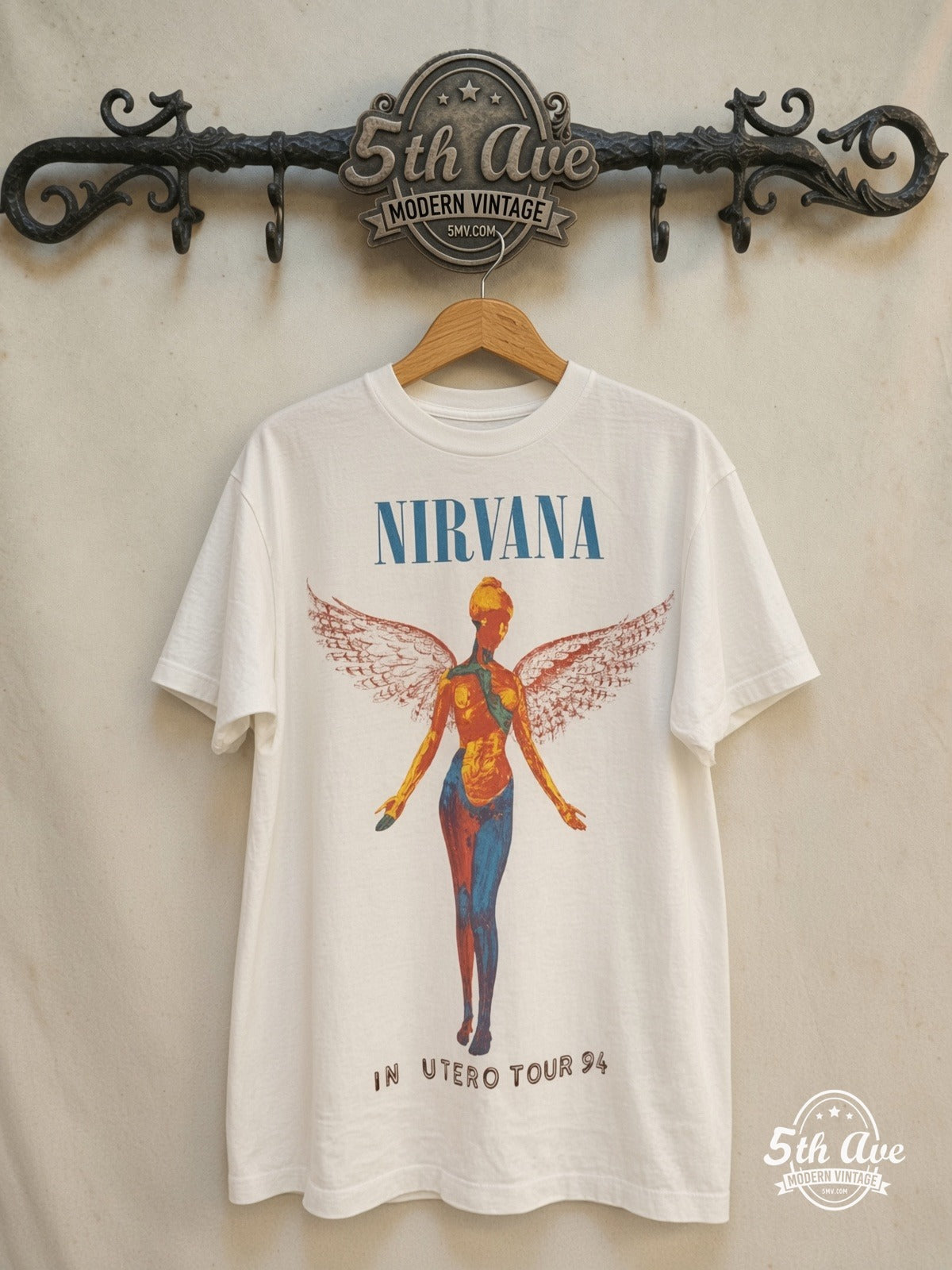 Nirvana – In Utero Tour 1994 – Vintage Band T-Shirt — front on locked cream ornate 5th Ave rack