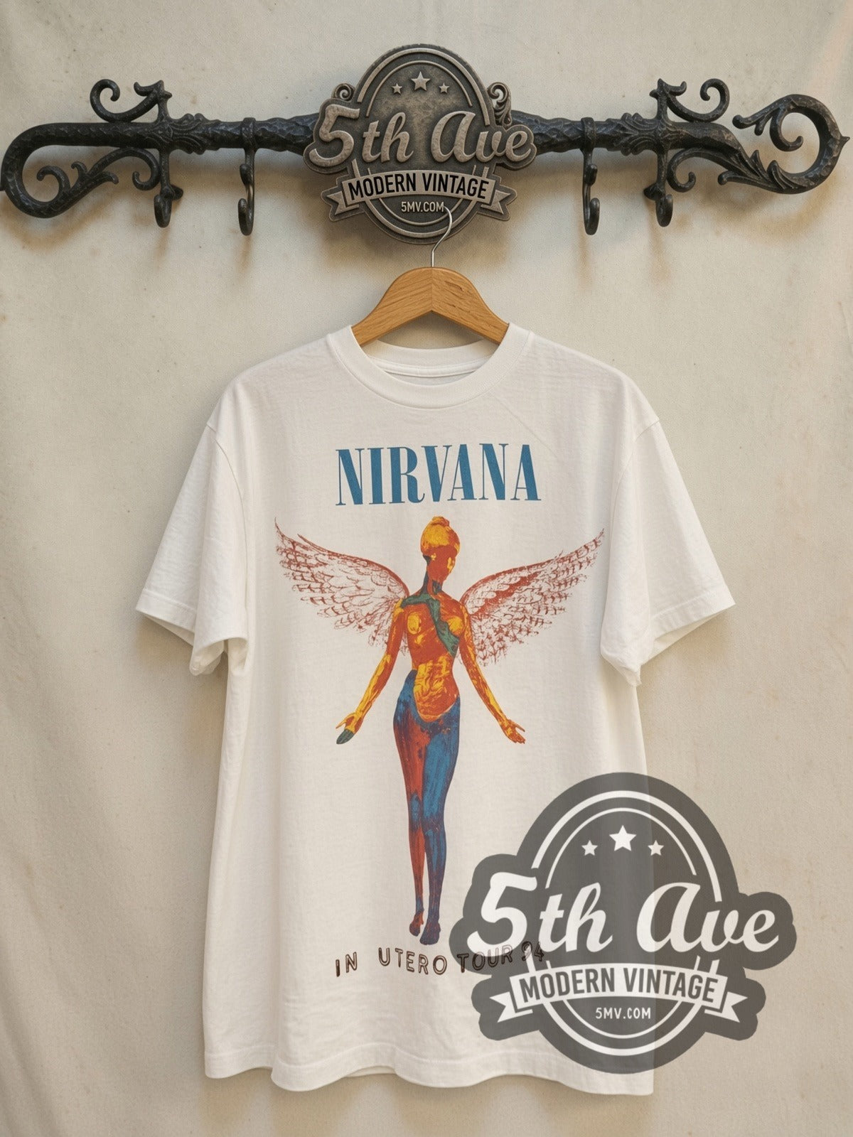 Nirvana In Utero Tour 1994 vintage band t-shirt in white, front view on the 5MV rack