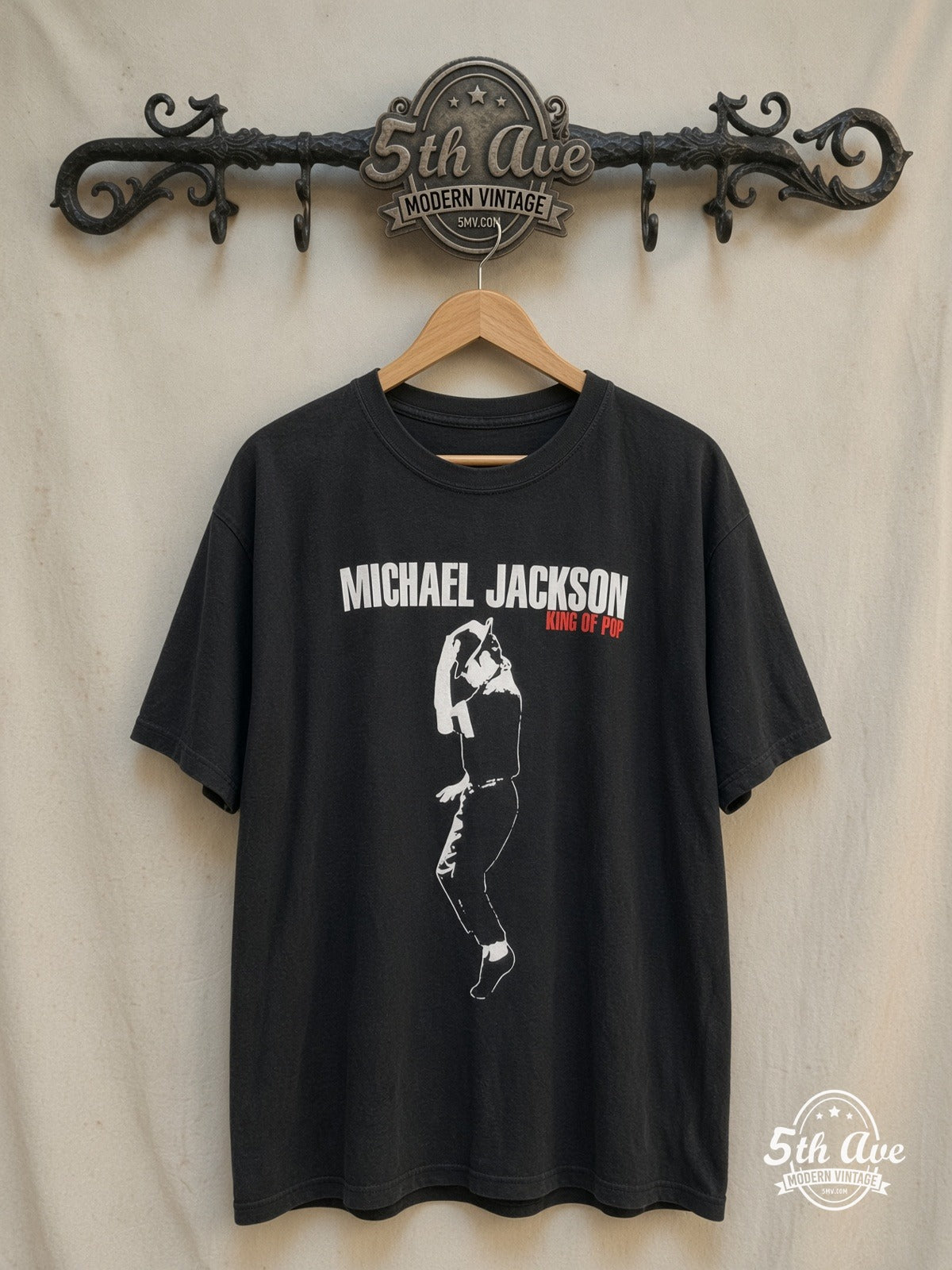 Michael Jackson – King of Pop – Vintage Band T-Shirt front on locked cream ornate 5th Ave rack