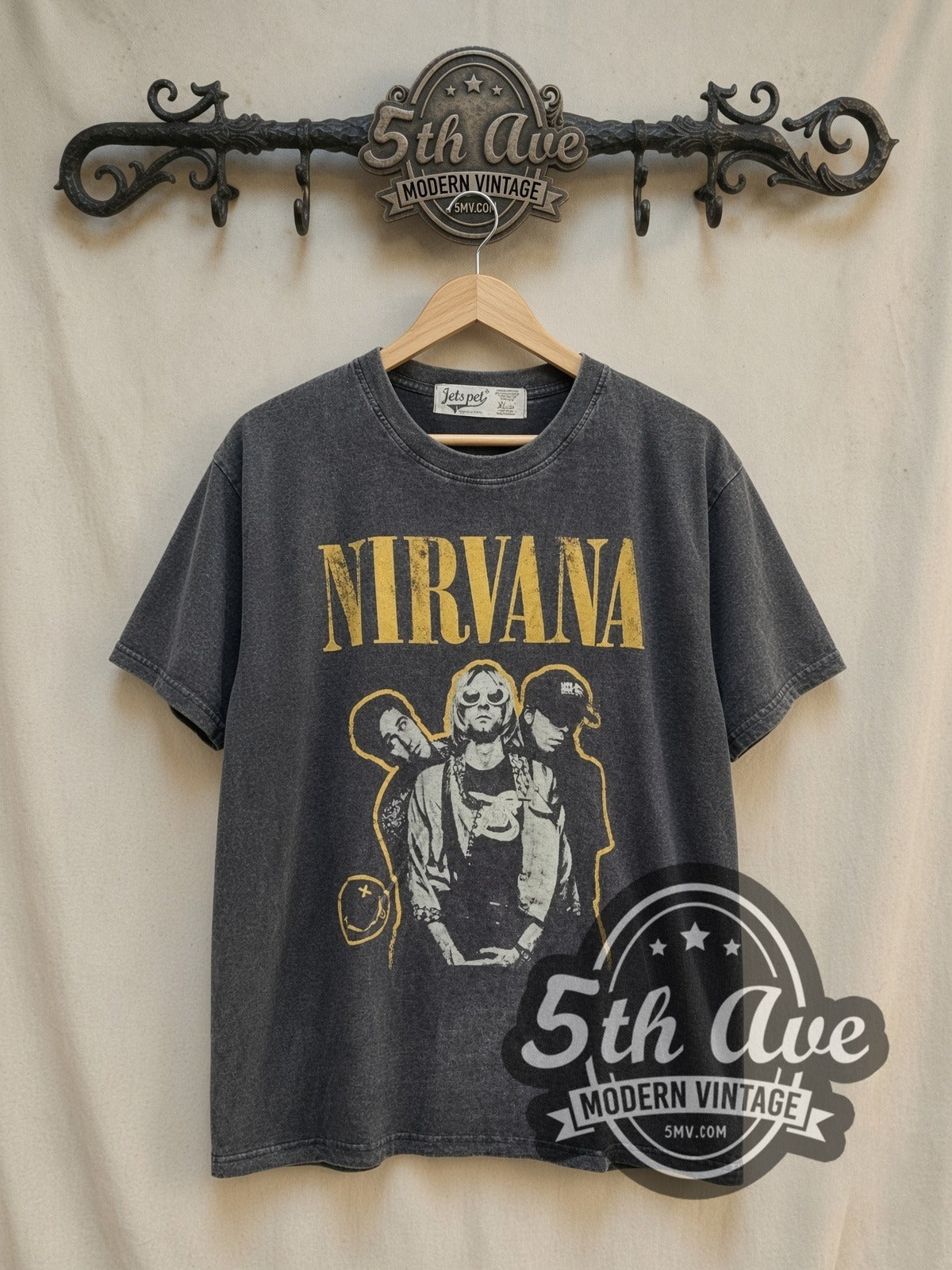 Nirvana Yellow Outline Kurt Sunglasses vintage band t-shirt, front view on the 5MV rack