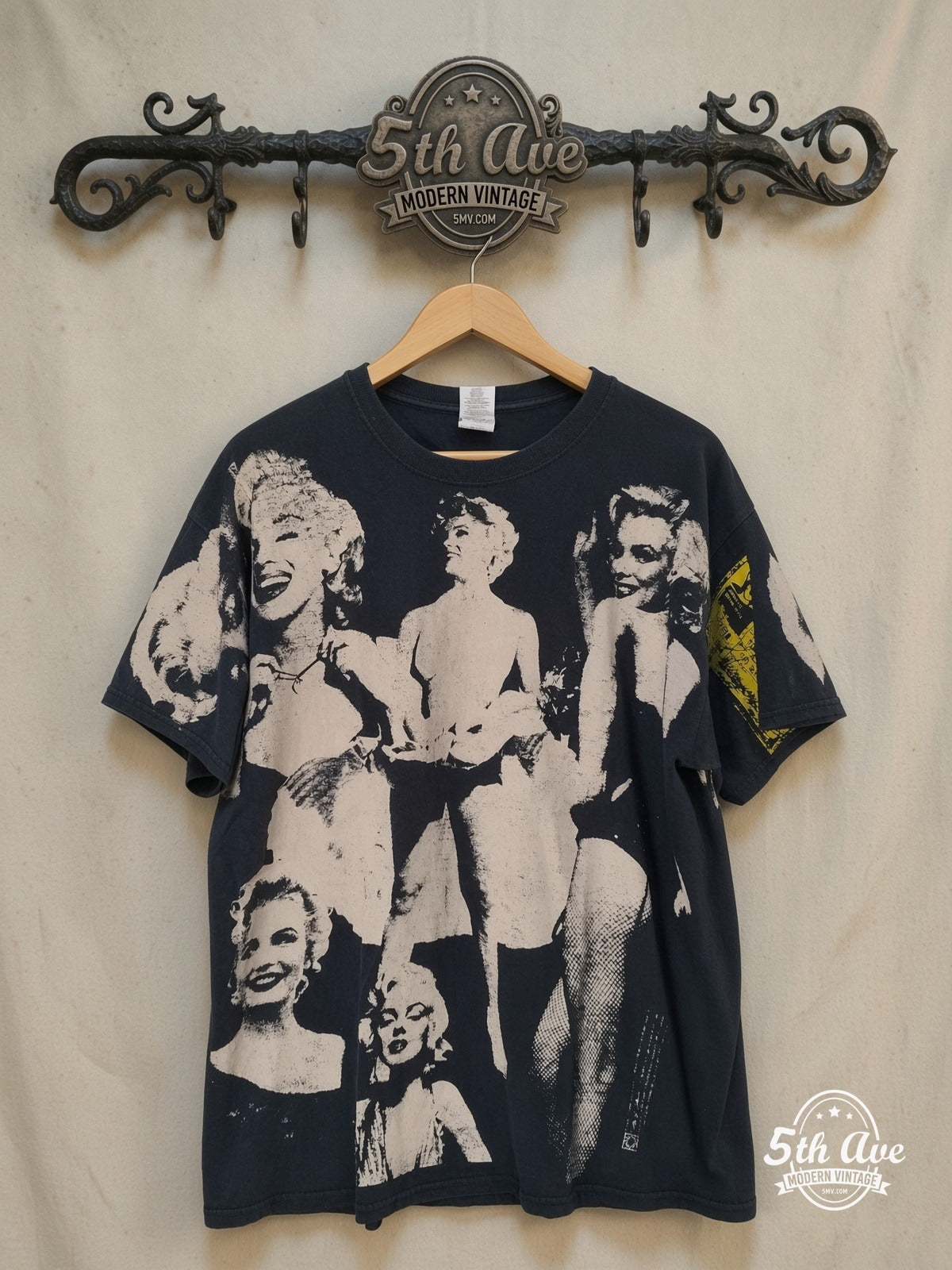Marilyn Monroe – AOP all over print New Vintage T-Shirt – Vintage Graphic Tee — front on locked cream ornate 5th Ave rack