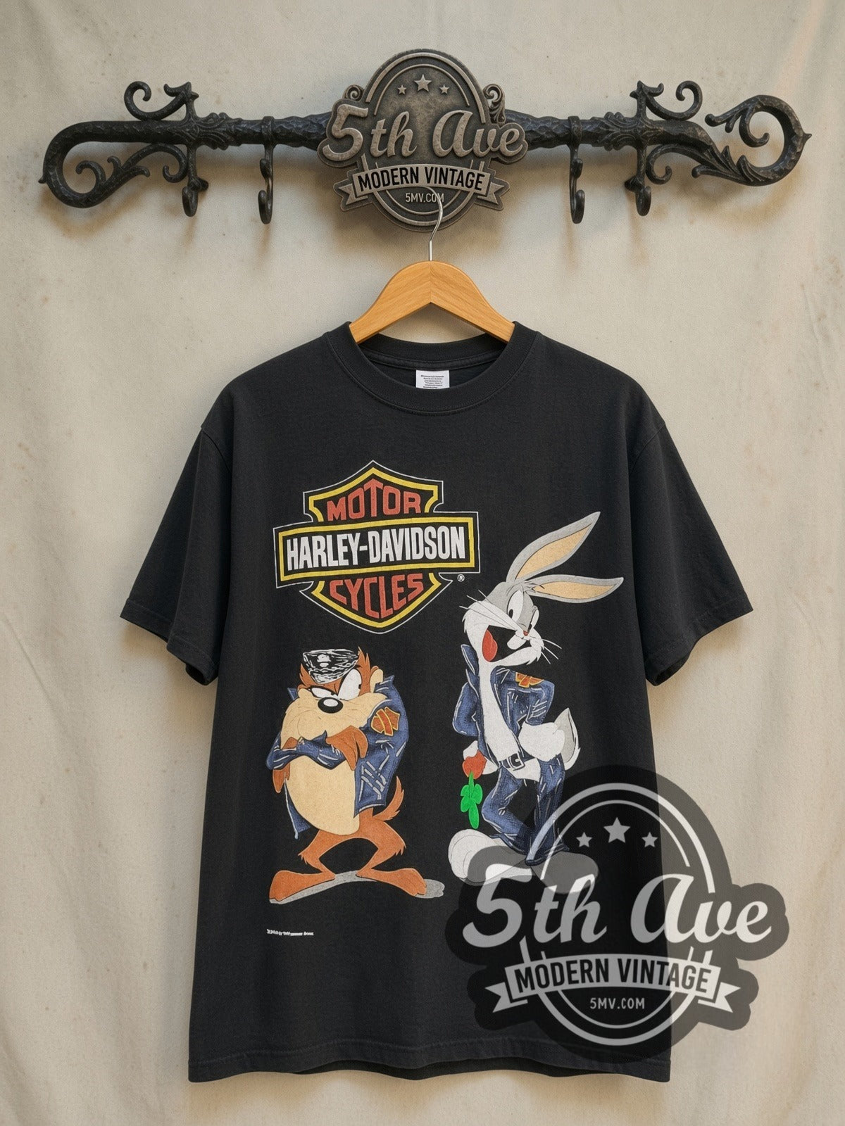 Harley-Davidson Bugs Bunny & Taz Saints Butte MT vintage Harley tee in black, front view on a display rack