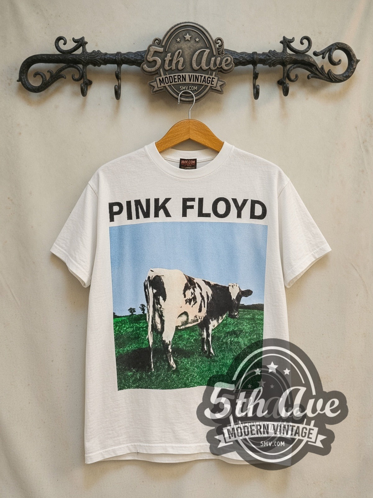Pink Floyd Atom Heart Mother Cow Stacked Back vintage band t-shirt in white, front view on the 5MV rack