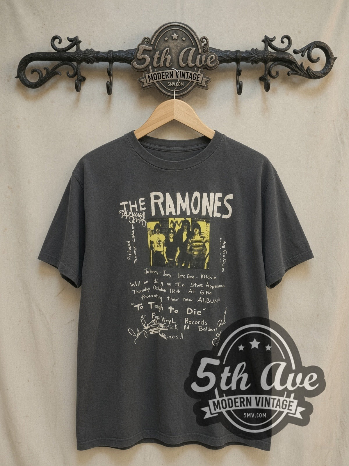 Ramones Too Tough to Die Fly Vinyl Flyer vintage band t-shirt, front view on a display rack