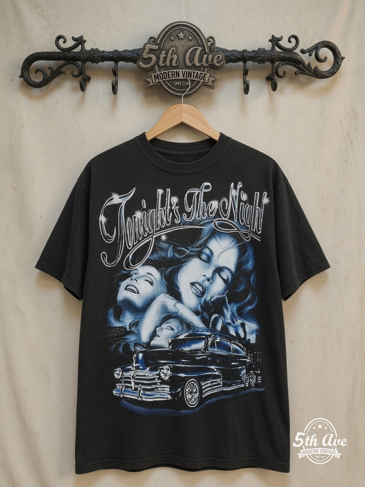 Rollin Hard – Tonight's the Night Lowrider – Vintage Graphic Tee — front on locked cream ornate 5th Ave rack