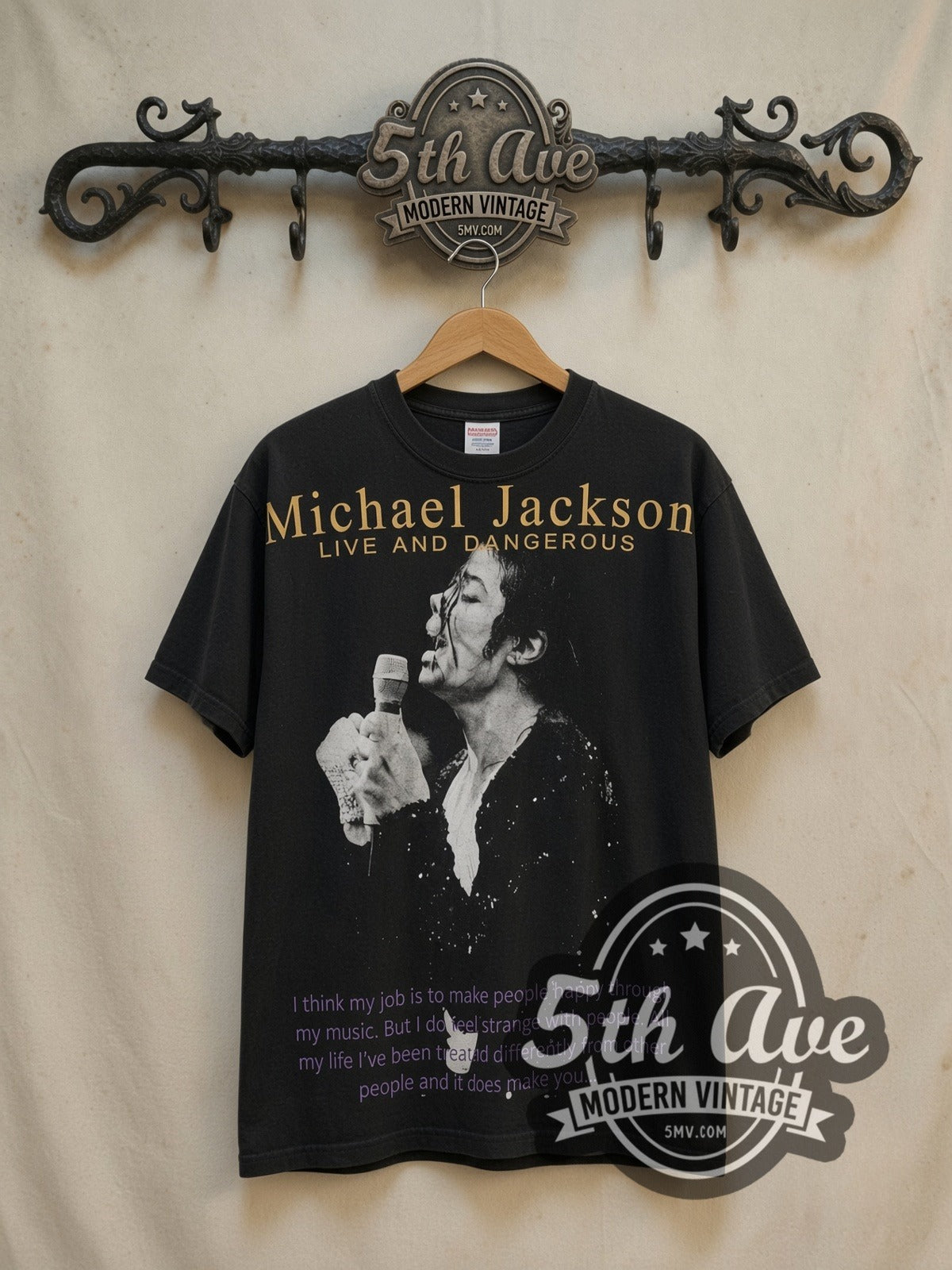 Michael Jackson Live and Dangerous Singing Profile '93 vintage band t-shirt, front view on a display rack