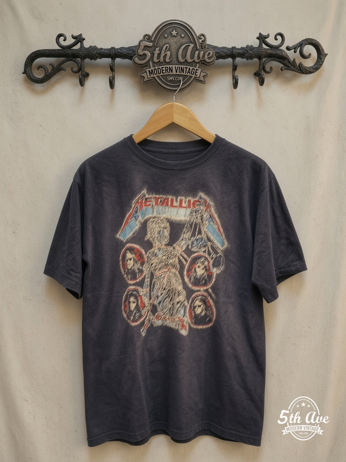 Metallica – Lady with Scales Members Live Tour Cotton – Vintage Band T-Shirt — front on locked cream ornate 5th Ave rack
