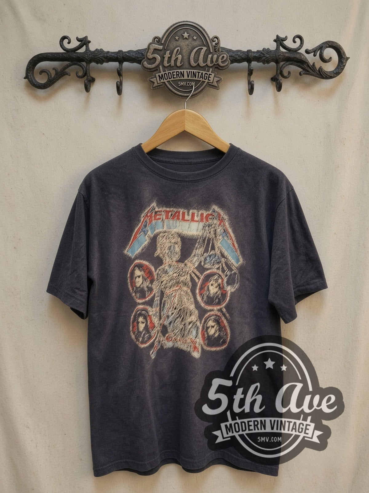 Metallica Lady with Scales Members Live Tour Cotton vintage band t-shirt, front view on a display rack