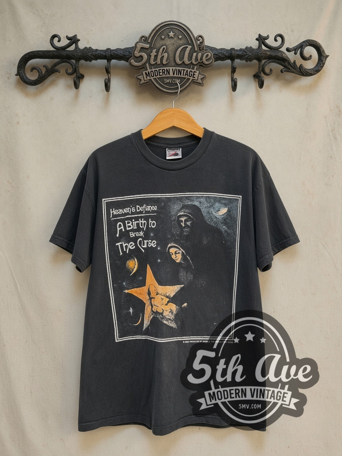 The Smashing Pumpkins Celestial Longing Tour vintage band t-shirt in black, front view on a display rack