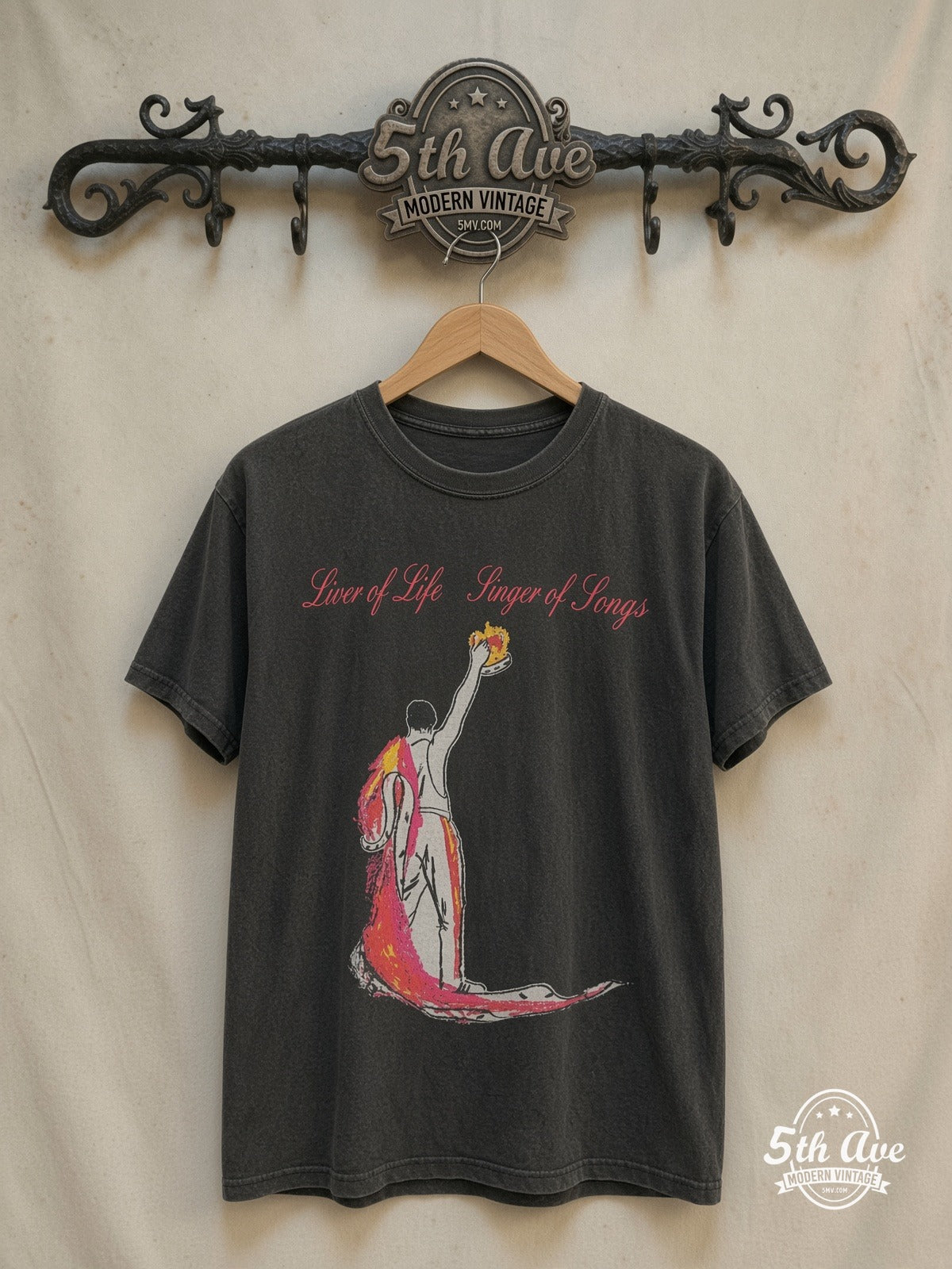 Freddie Mercury Queen 100% Cotton New Vintage Band T-Shirt – Vintage Band T-Shirt — front on locked cream ornate 5th Ave rack