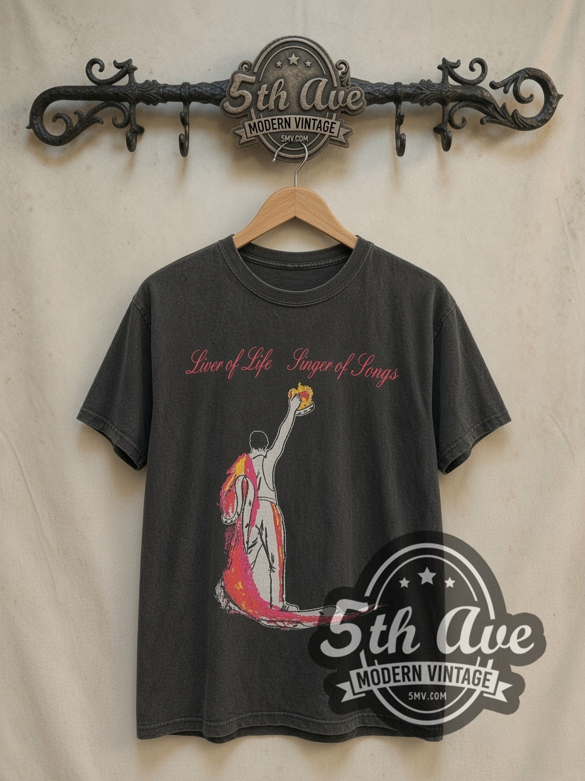Freddie Mercury Lover of Life, Singer of Songs vintage band t-shirt, front view on a display rack