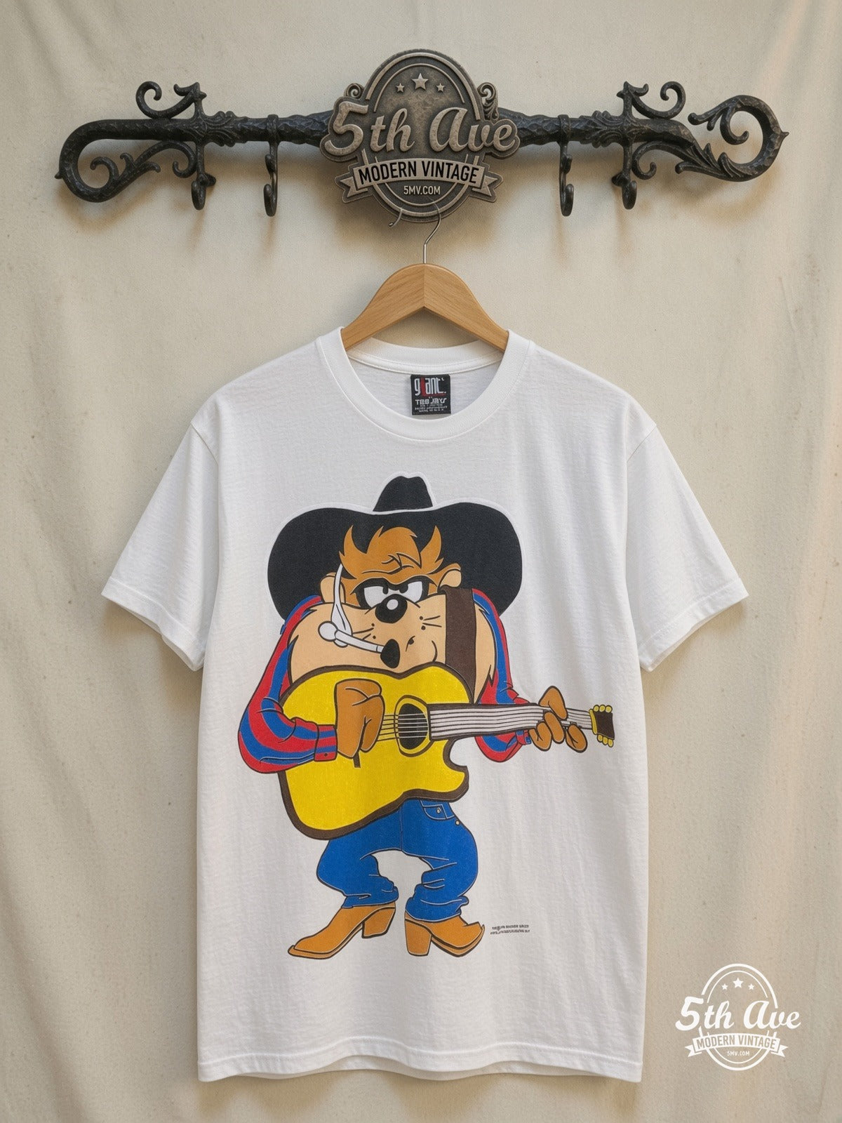 Looney Tunes – Garth Brooks Taz-Mania – New Vintage Graphic Tee — front on locked cream ornate 5th Ave rack