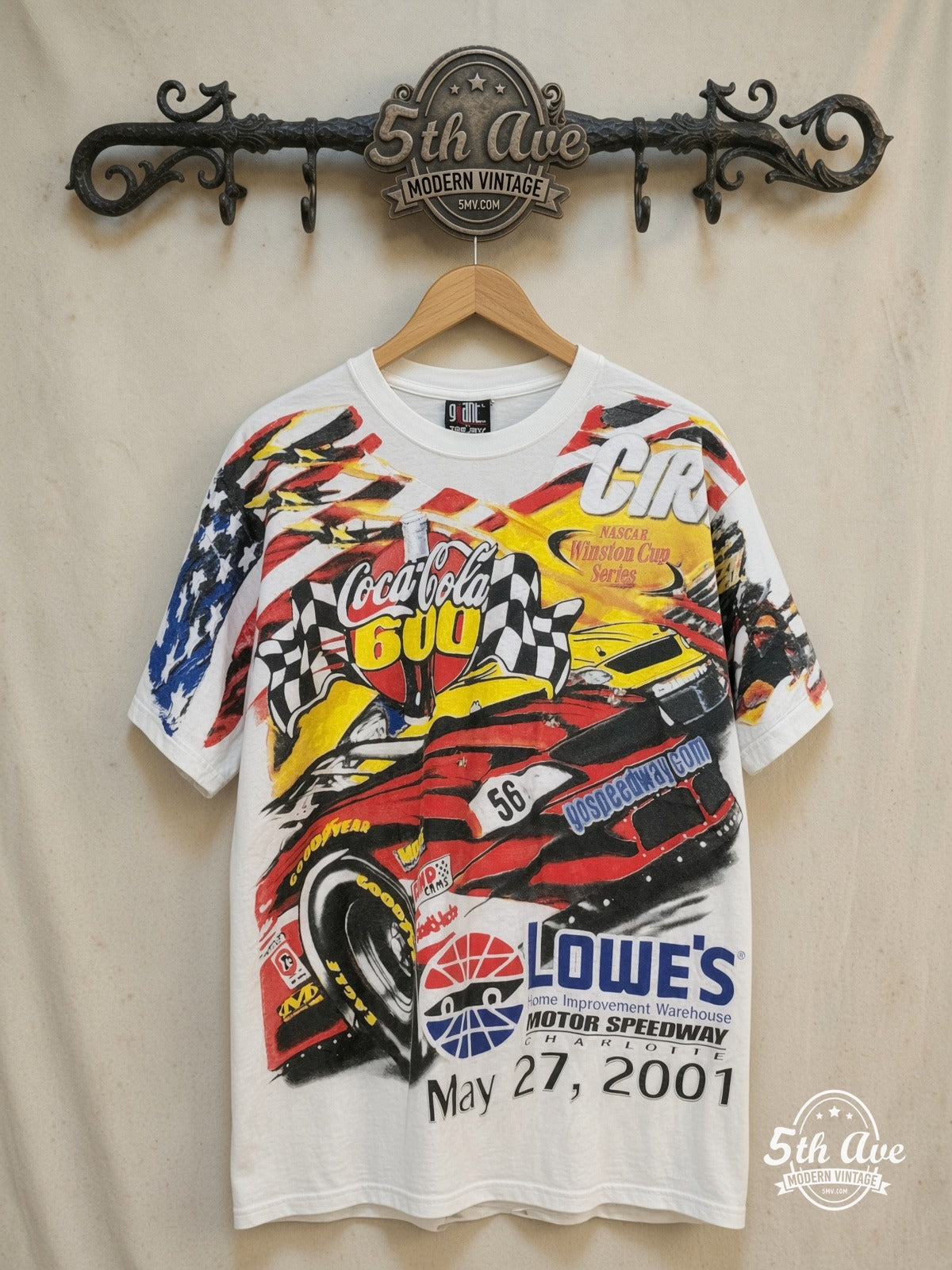 NASCAR – The Coca-Cola 600 – All Over Print – Vintage Graphic Tee — front on locked cream ornate 5th Ave rack