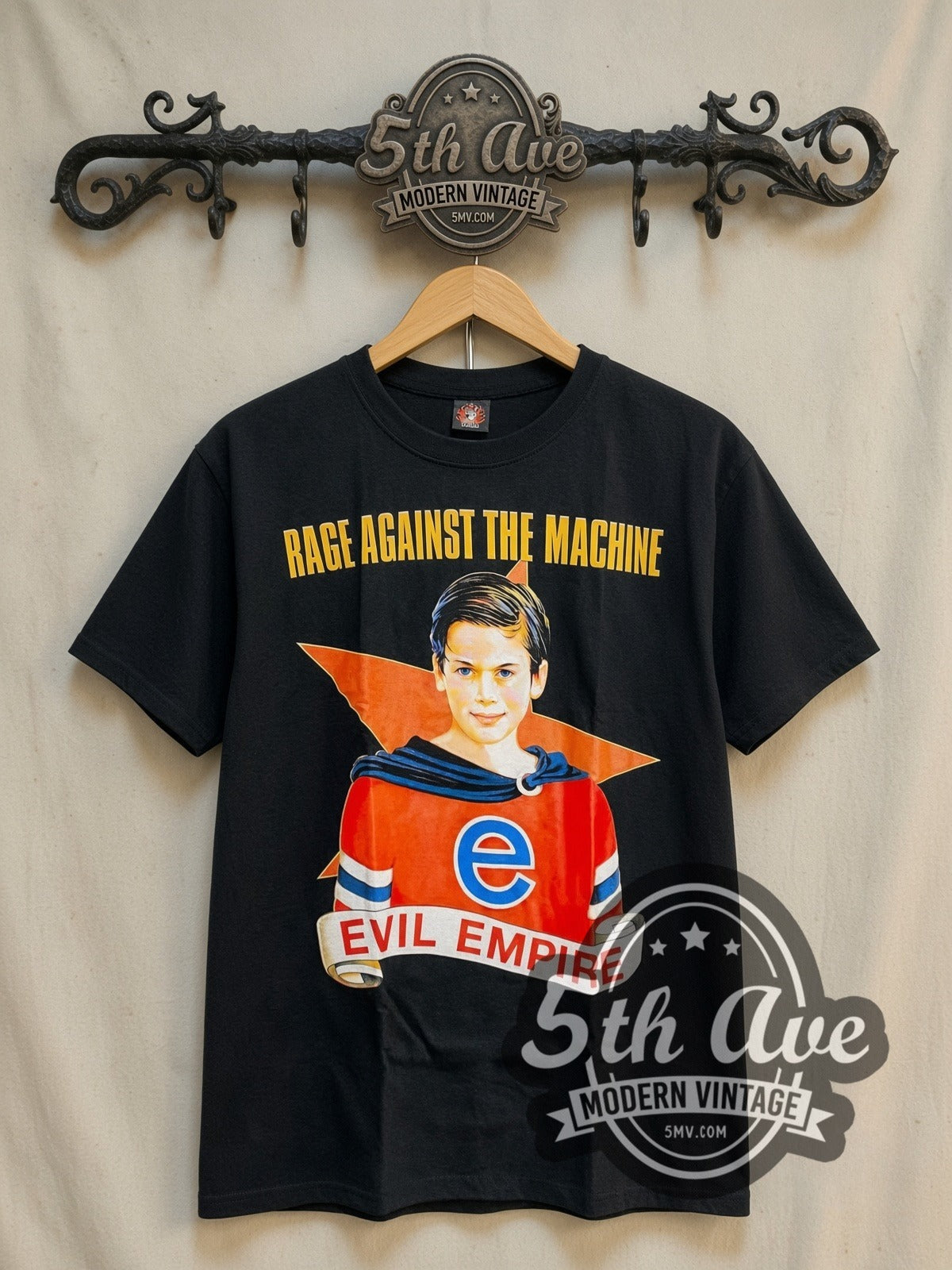 Rage Against the Machine Evil Empire Boy Yellow Logo vintage band t-shirt, front view on the 5MV rack