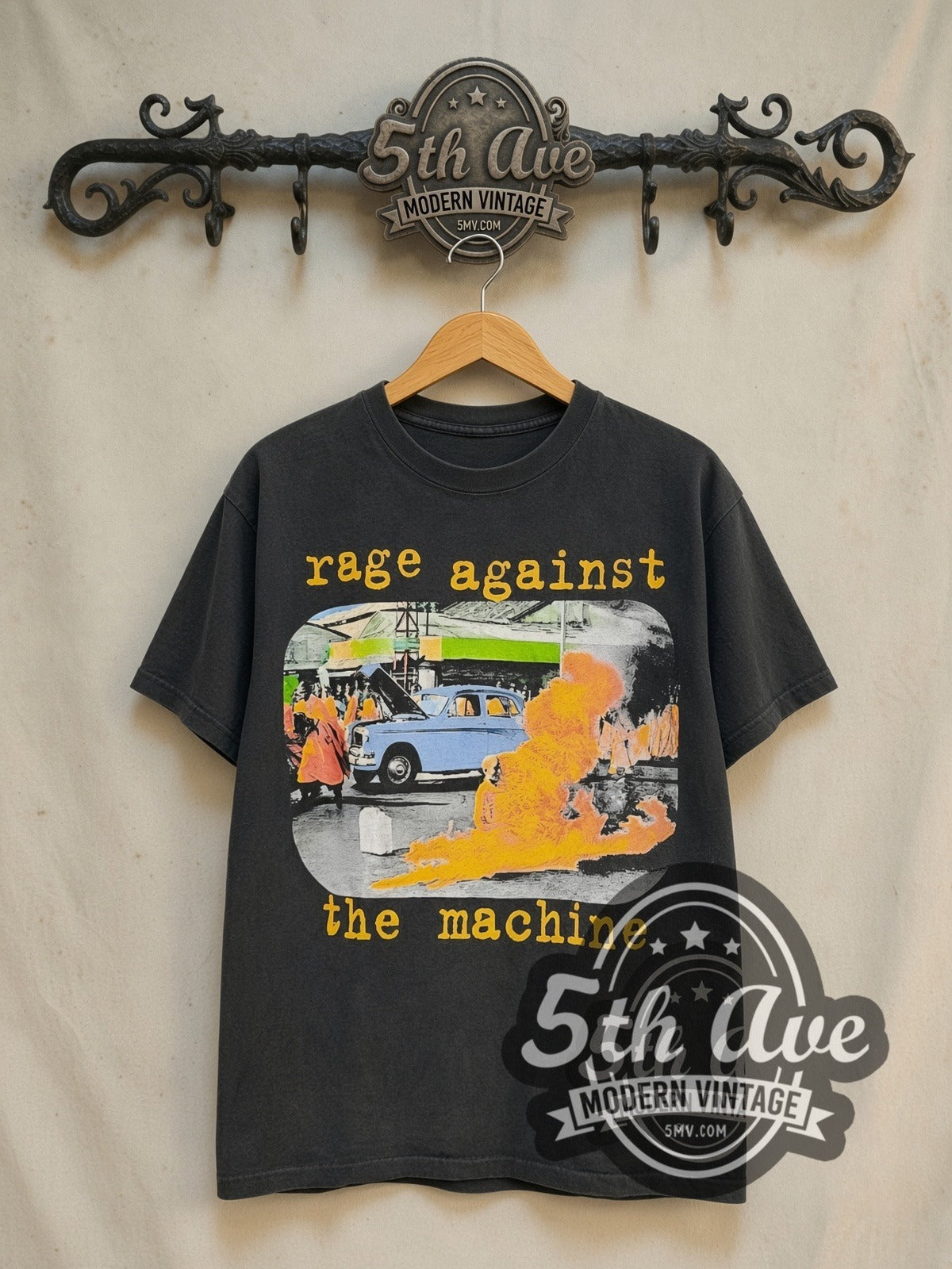 Rage Against the Machine Burning Monk Colored vintage band t-shirt in black, front view on the 5MV rack