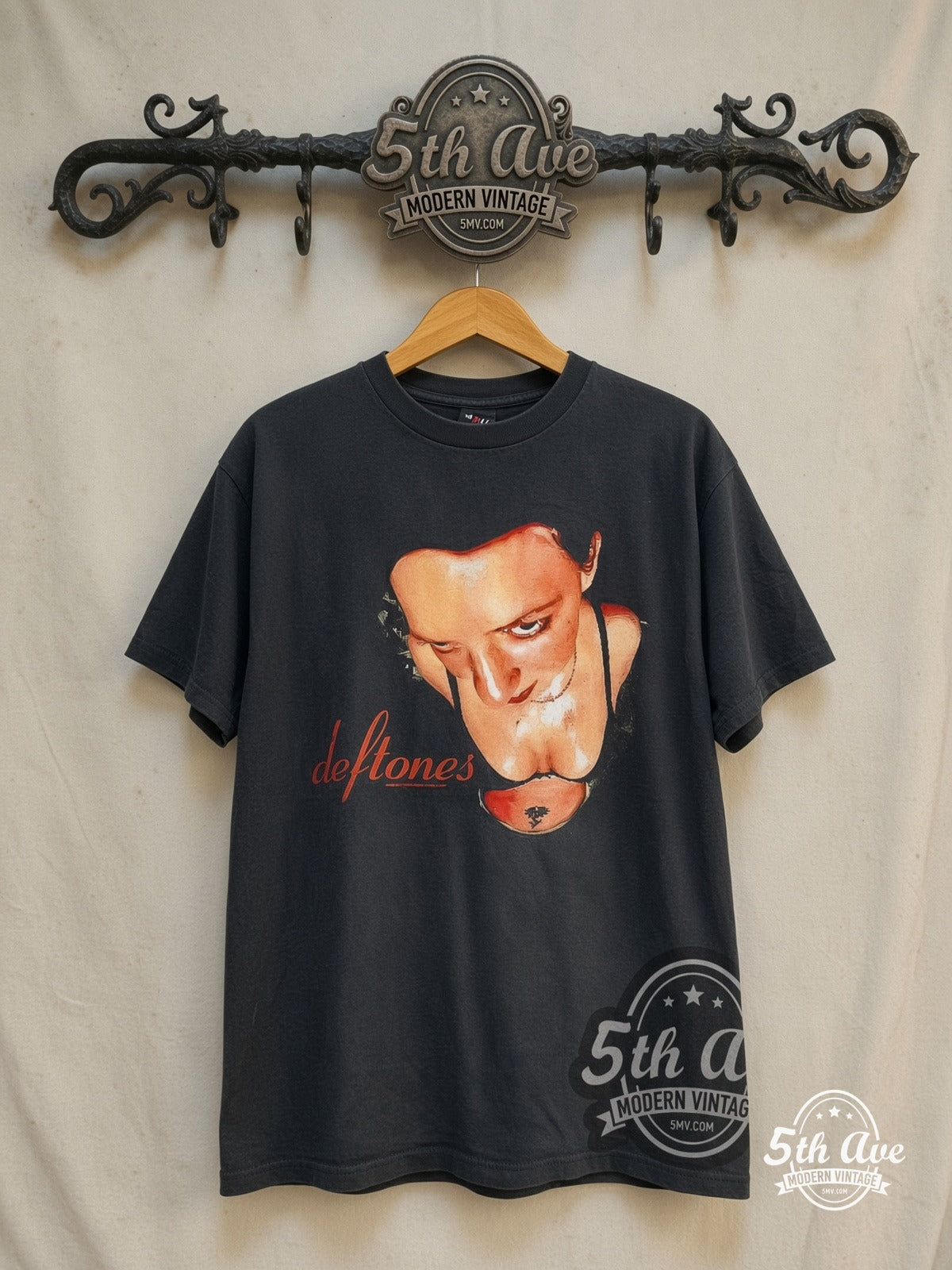 Deftones – Around the Fur Red Script – Vintage Band T-Shirt — front on locked cream ornate 5th Ave rack