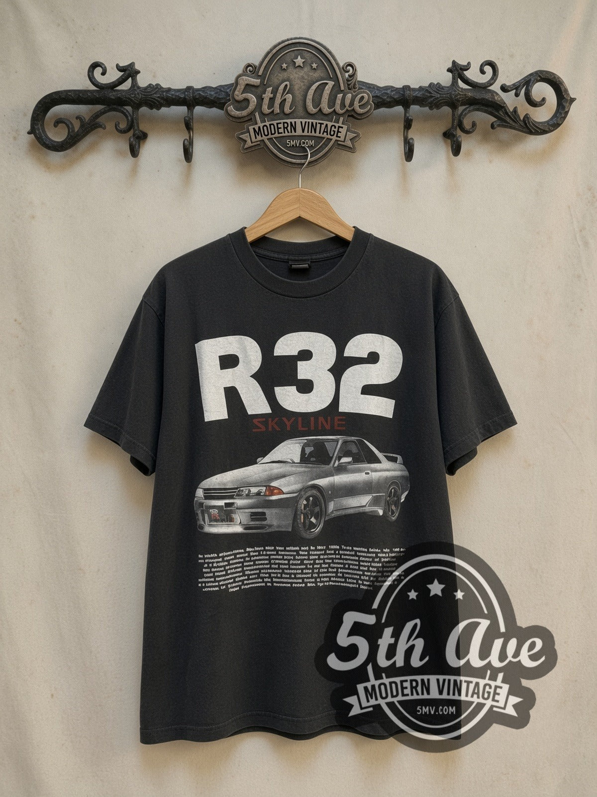 Nissan Skyline R32 vintage graphic t-shirt, front view on a display rack