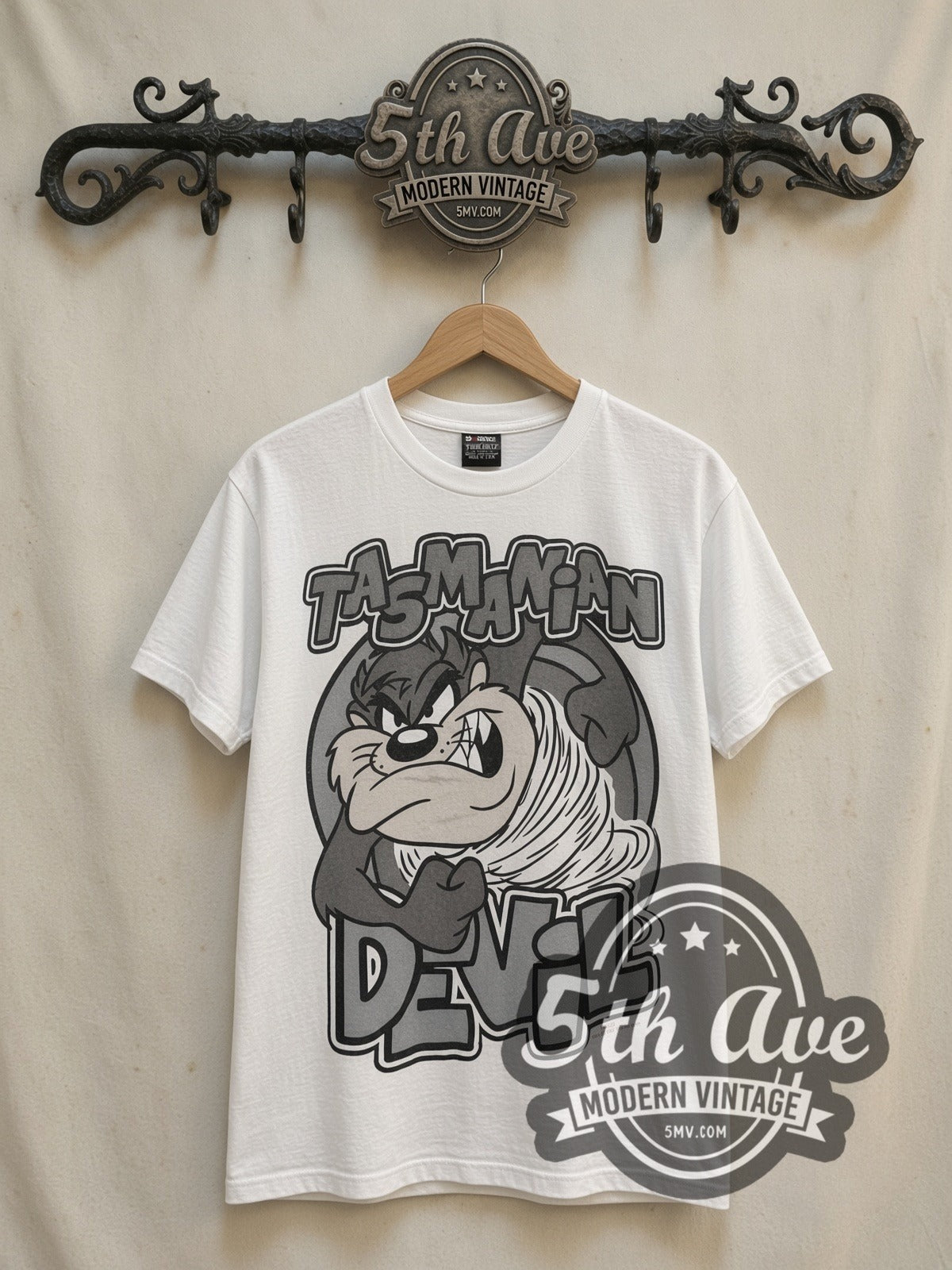 Taz's Gym No Pencilnecks White vintage cartoon tee in white, front view on a display rack