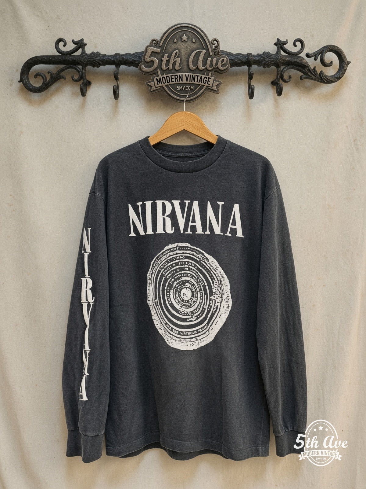Nirvana – Circles of Hell / Dante’s Inferno – Vintage Band T-Shirt — front on locked cream ornate 5th Ave rack
