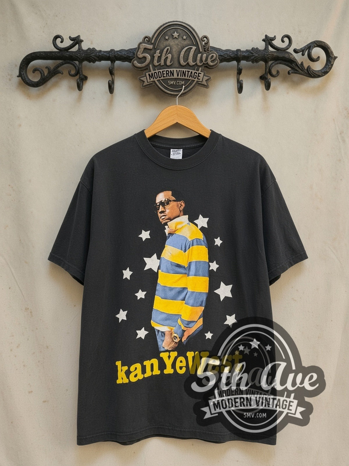 Kanye West School Spirit Tour 2004 vintage band t-shirt in black, front view on a display rack